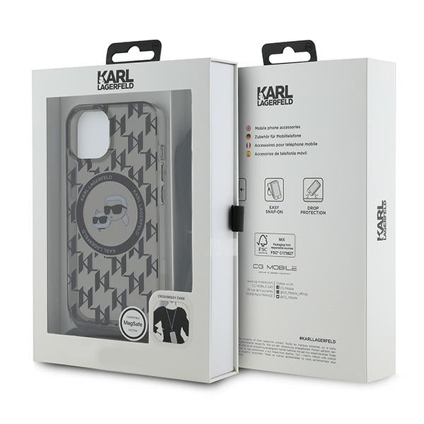 Custodia MagSafe per Apple iPhone 15, Karl Lagerfeld, IML Crossbody Monogram Karl & Choupette's Heads, Nera