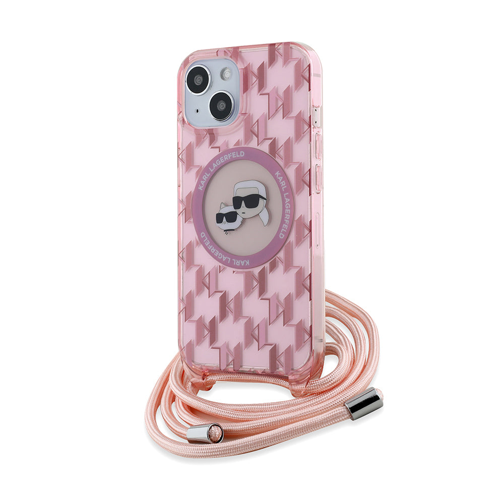 Custodia MagSafe per Apple iPhone 15, Karl Lagerfeld, IML Crossbody Monogramma Karl & Choupette's Heads, Rosa