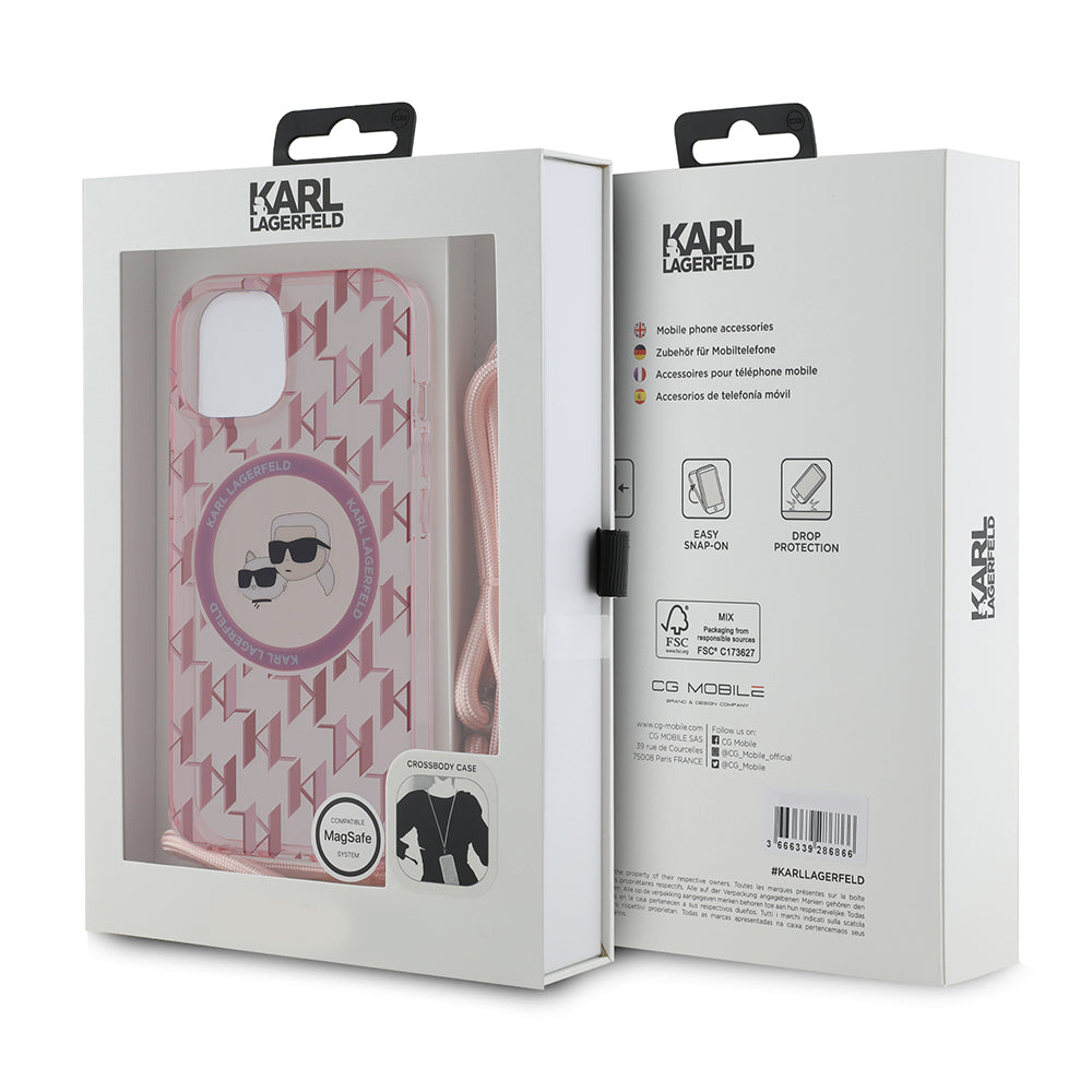 Custodia MagSafe per Apple iPhone 15, Karl Lagerfeld, IML Crossbody Monogramma Karl & Choupette's Heads, Rosa
