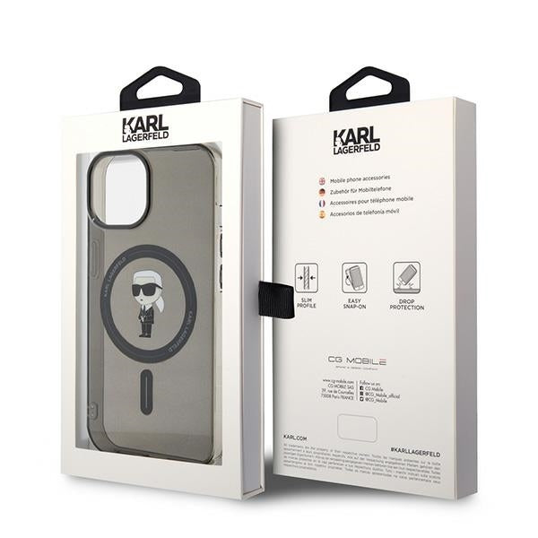 Custodia MagSafe per Apple iPhone 15, Karl Lagerfeld, IML Ikonik Karl, Nera