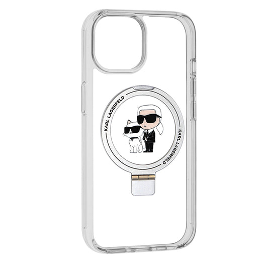 Custodia MagSafe per Apple iPhone 15, Karl Lagerfeld, Ring Stand Karl & Choupette, Bianca