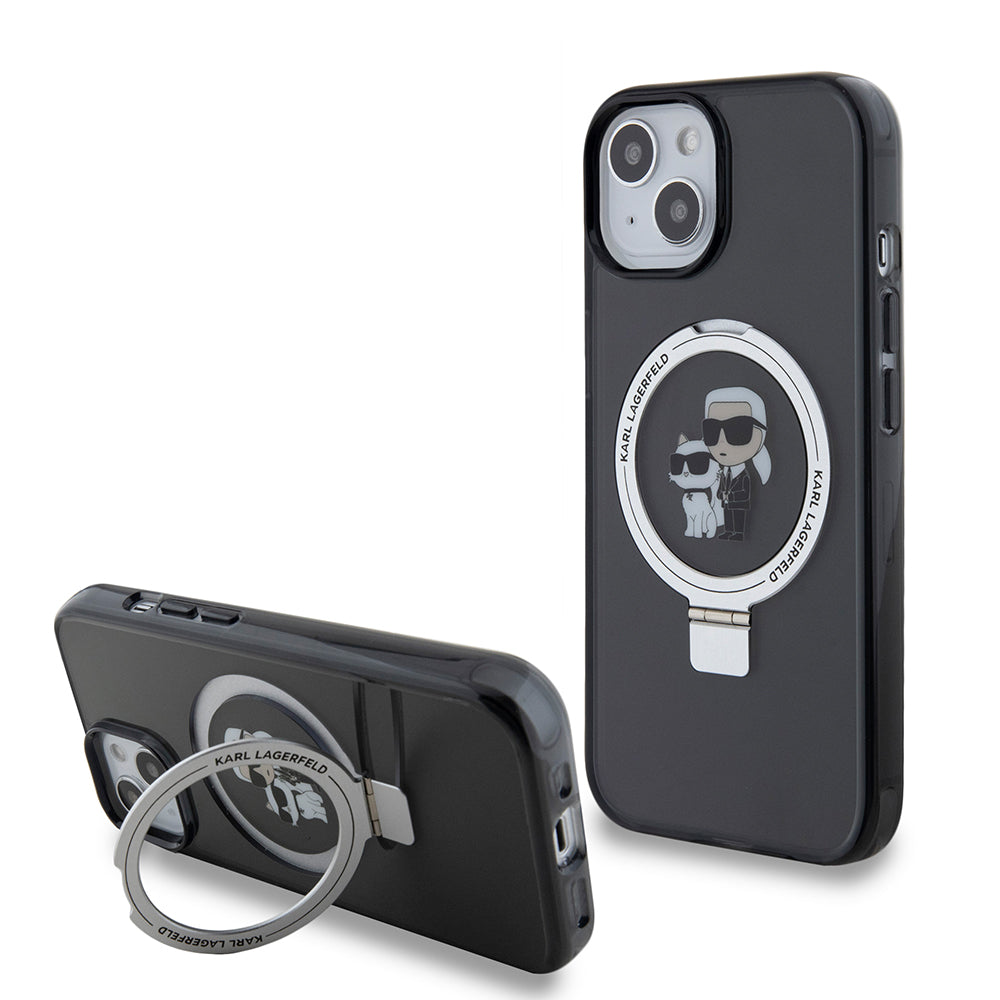 Custodia MagSafe per Apple iPhone 15, Karl Lagerfeld, Ring Stand Karl & Choupette, Nera