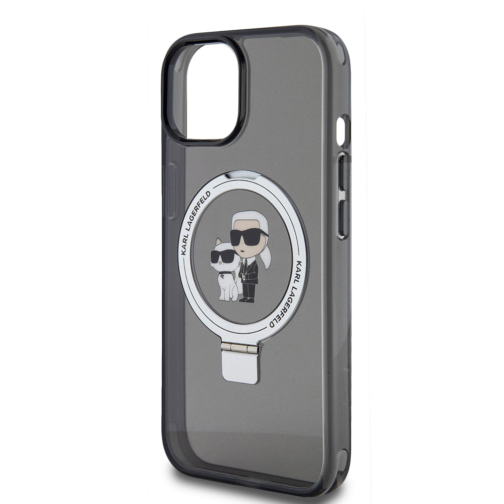 Custodia MagSafe per Apple iPhone 15, Karl Lagerfeld, Ring Stand Karl & Choupette, Nera