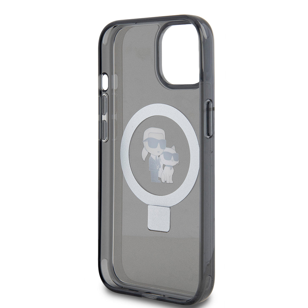 Custodia MagSafe per Apple iPhone 15, Karl Lagerfeld, Ring Stand Karl & Choupette, Nera