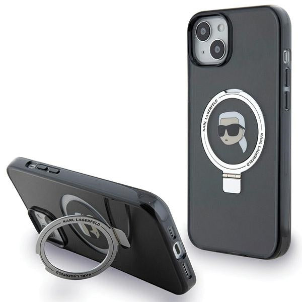 Custodia MagSafe per Apple iPhone 15, Karl Lagerfeld, Ring Stand Karl's Head, Nera