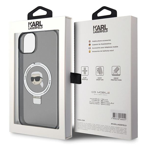 Custodia MagSafe per Apple iPhone 15, Karl Lagerfeld, Ring Stand Karl's Head, Nera