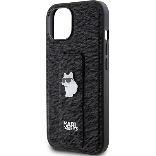 Custodia MagSafe per Apple iPhone 15, Karl Lagerfeld, Saffiano Gripstand Choupette, Nera