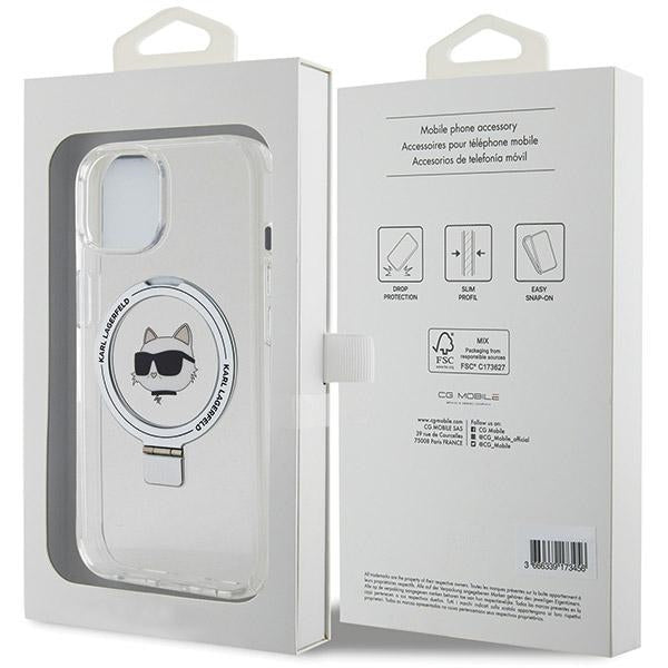 Custodia MagSafe per Apple iPhone 15 Plus / 14 Plus, Karl Lagerfeld, Ring Stand Choupette's Head, Bianca