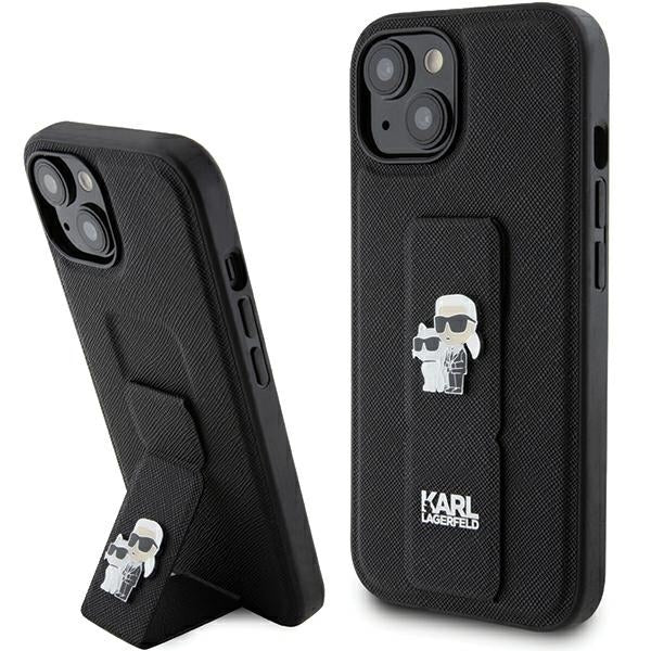 Custodia MagSafe per Apple iPhone 15 Plus / 14 Plus, Karl Lagerfeld, Saffiano Gripstand Karl & Choupette, Nera
