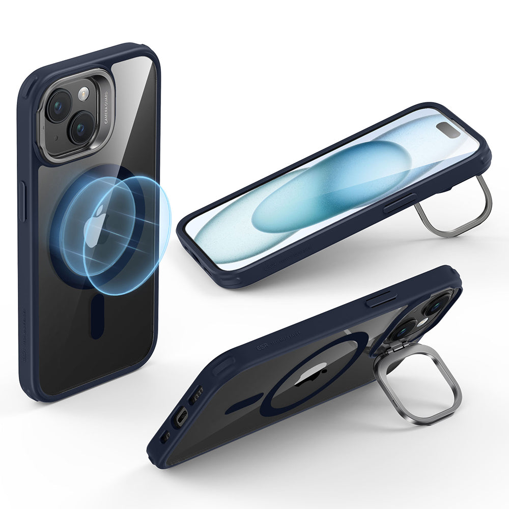 Custodia MagSafe per Apple iPhone 15 Plus, ESR, Classic Hybrid Kickstand, Blu Navy Trasparente