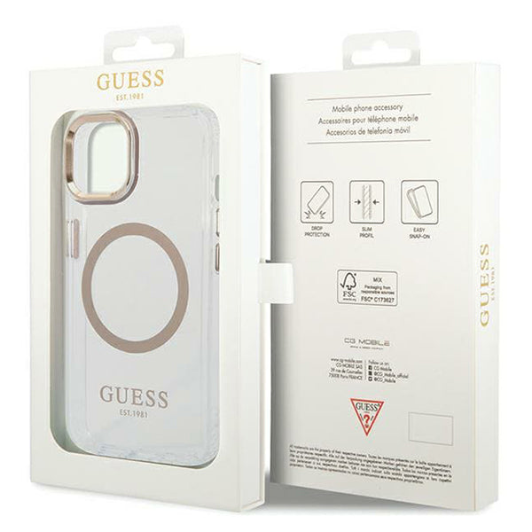 Custodia MagSafe per Apple iPhone 15 Plus, Guess, Metal Outline, Dorata