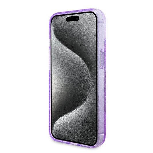 Custodia MagSafe per Apple iPhone 15 Plus, Guess, Ring Stand Script Glitter, Viola