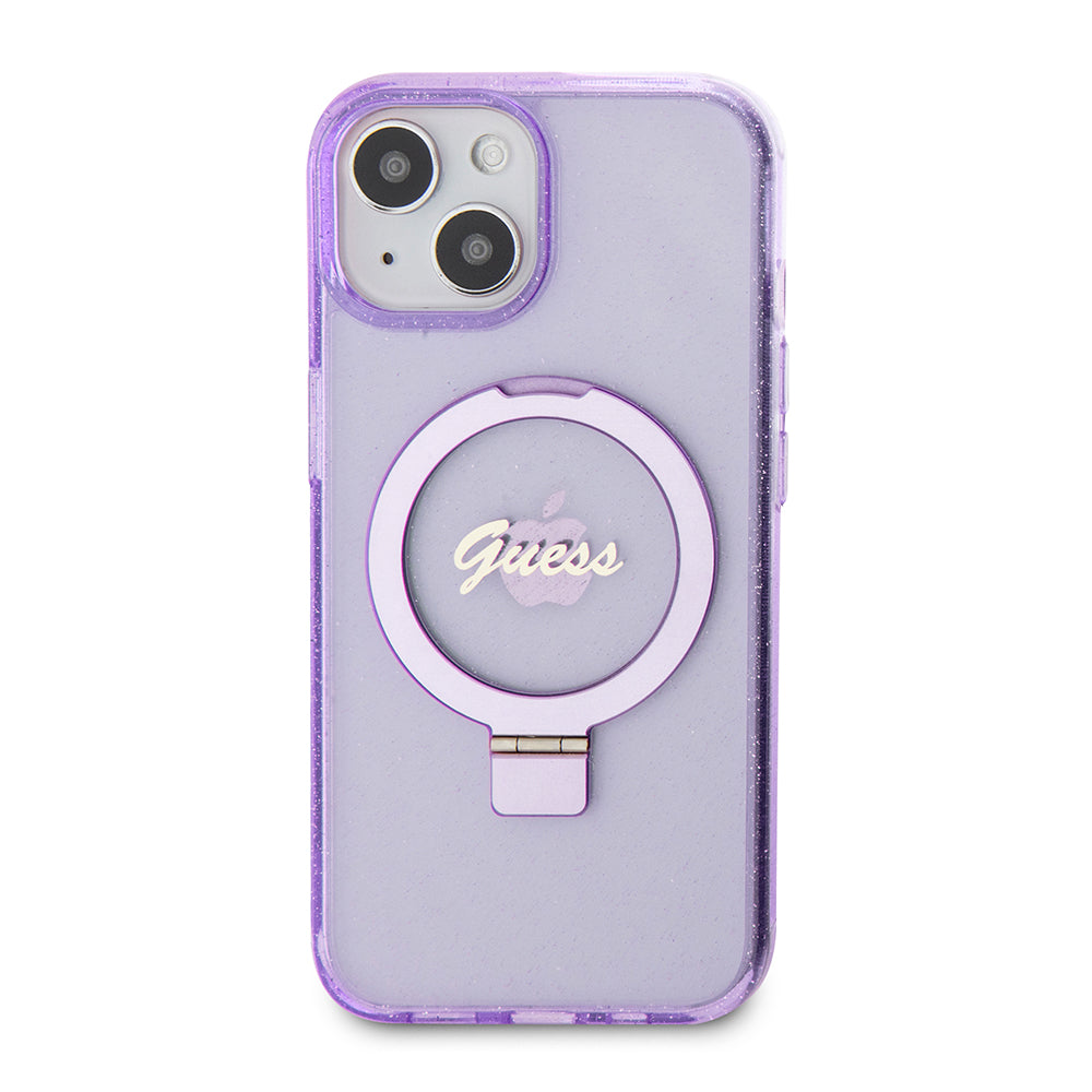 Custodia MagSafe per Apple iPhone 15 Plus, Guess, Ring Stand Script Glitter, Viola