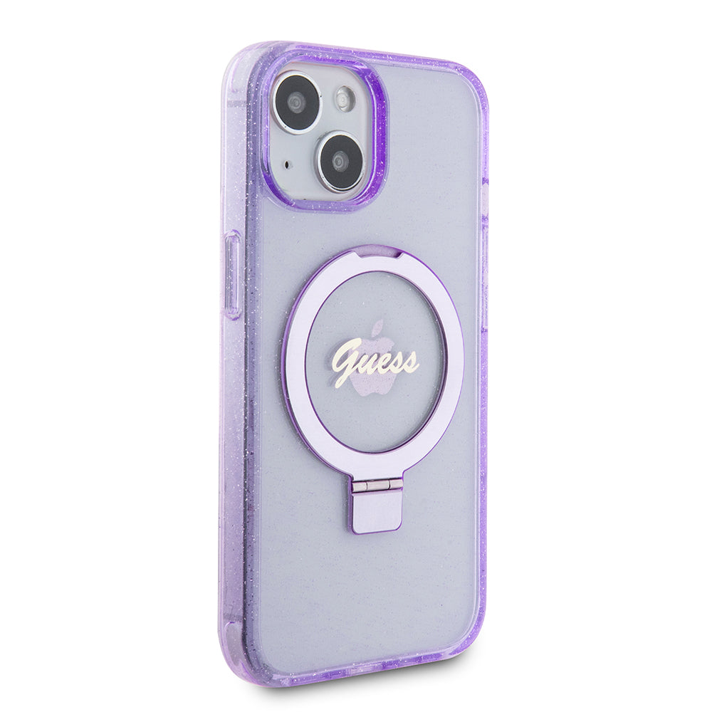 Custodia MagSafe per Apple iPhone 15 Plus, Guess, Ring Stand Script Glitter, Viola