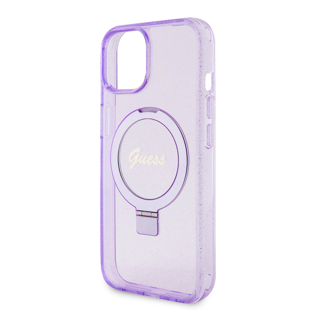 Custodia MagSafe per Apple iPhone 15 Plus, Guess, Ring Stand Script Glitter, Viola