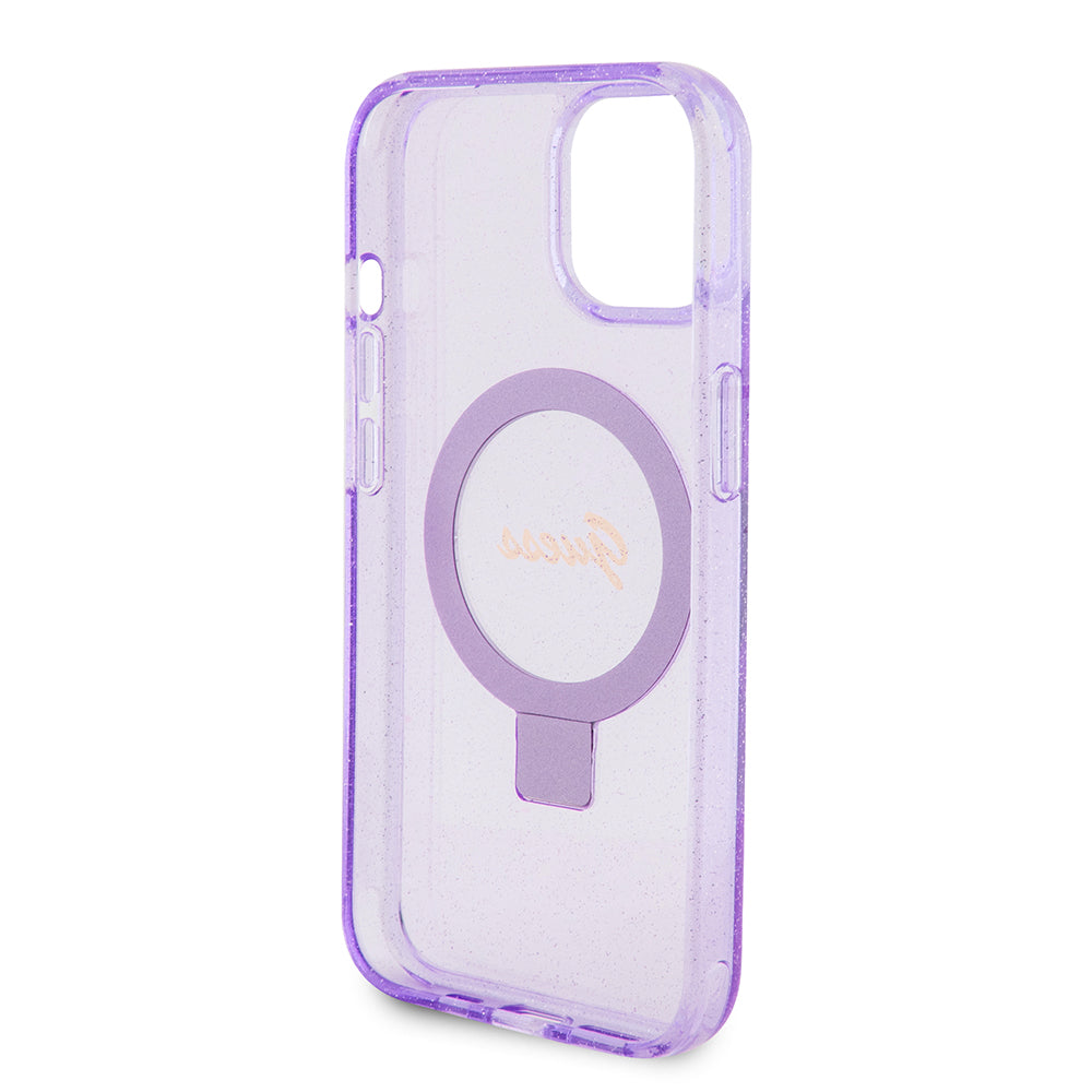 Custodia MagSafe per Apple iPhone 15 Plus, Guess, Ring Stand Script Glitter, Viola
