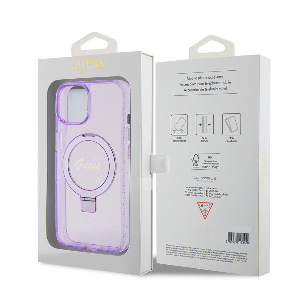Custodia MagSafe per Apple iPhone 15 Plus, Guess, Ring Stand Script Glitter, Viola