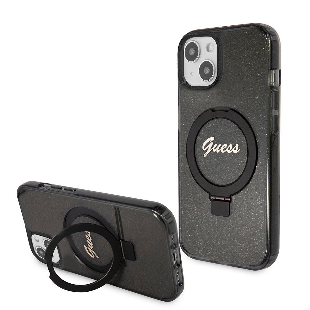 Custodia MagSafe per Apple iPhone 15 Plus, Guess, Ring Stand Script Glitter, Nera