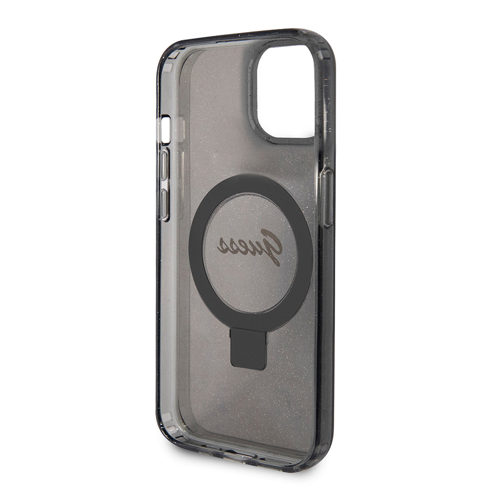 Custodia MagSafe per Apple iPhone 15 Plus, Guess, Ring Stand Script Glitter, Nera