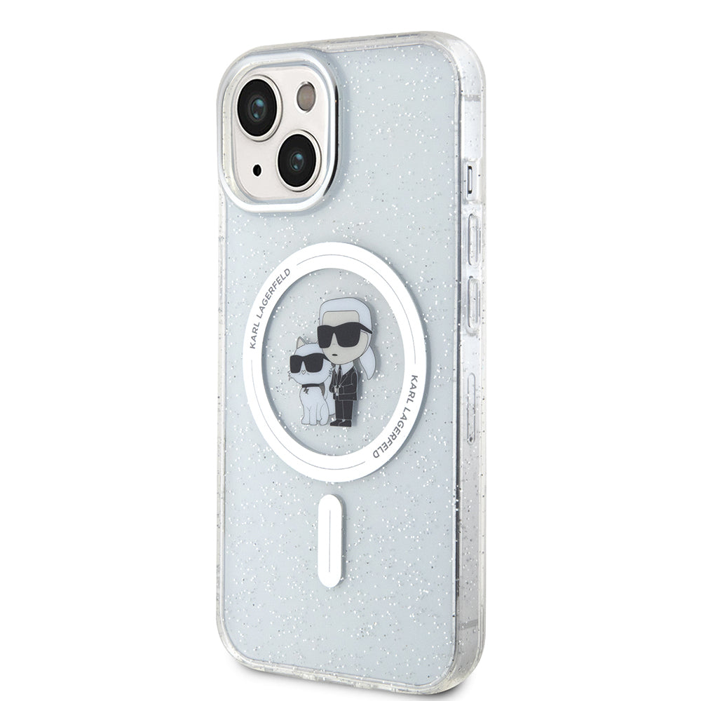 Custodia MagSafe per Apple iPhone 15 Plus, Karl Lagerfeld, Glitter Karl & Choupette, Trasparente