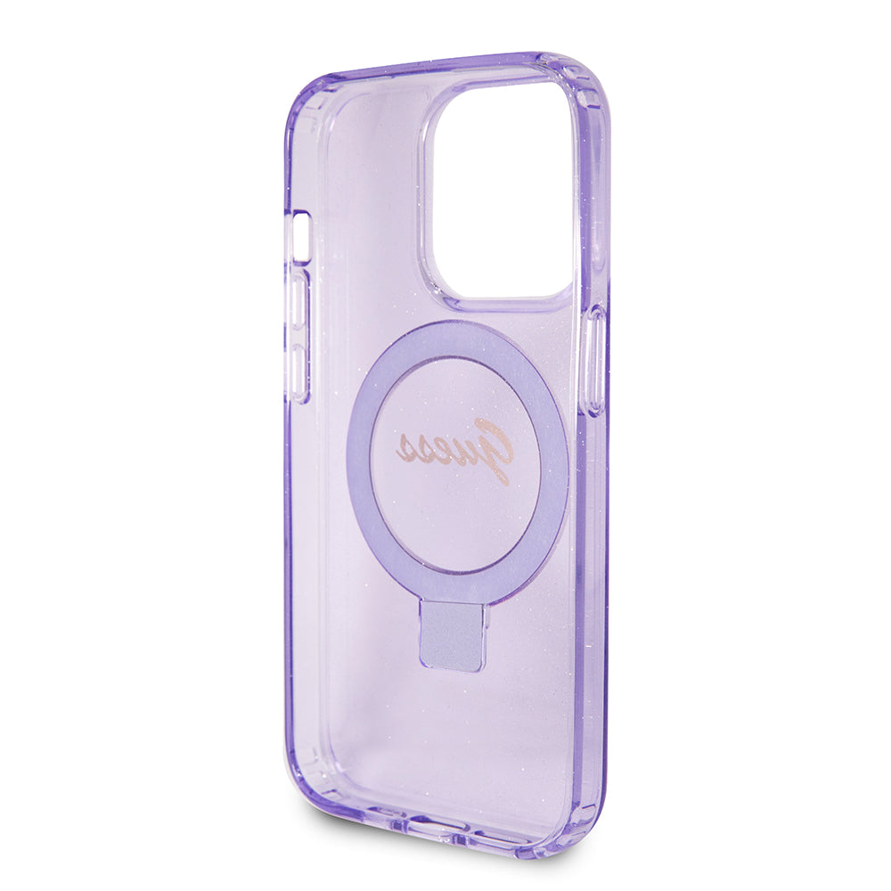 Custodia MagSafe per Apple iPhone 15 Pro, Guess, IML Ring Stand Glitter, Viola