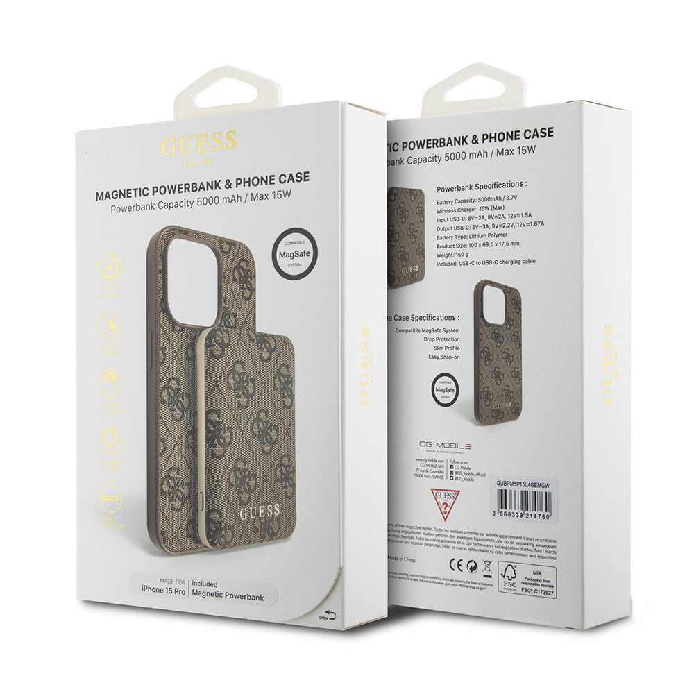 Custodia MagSafe per Apple iPhone 15 Pro, Guess, Powerbank 4G Metal Logo, Marrone