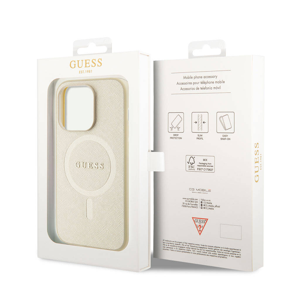 Custodia MagSafe per Apple iPhone 15 Pro, Guess, Saffiano, Beige
