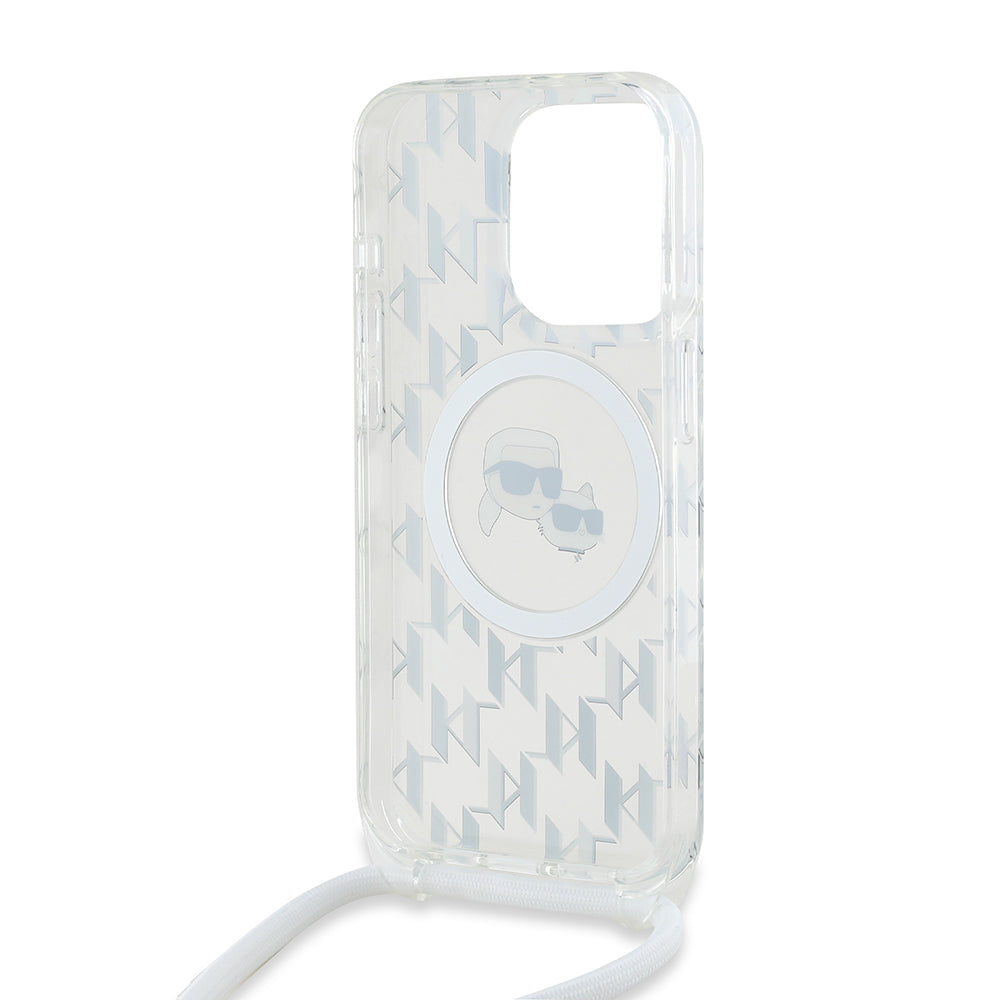 Custodia MagSafe per Apple iPhone 15 Pro, Karl Lagerfeld, IML Crossbody Monogram Karl & Choupette's Heads, Trasparente
