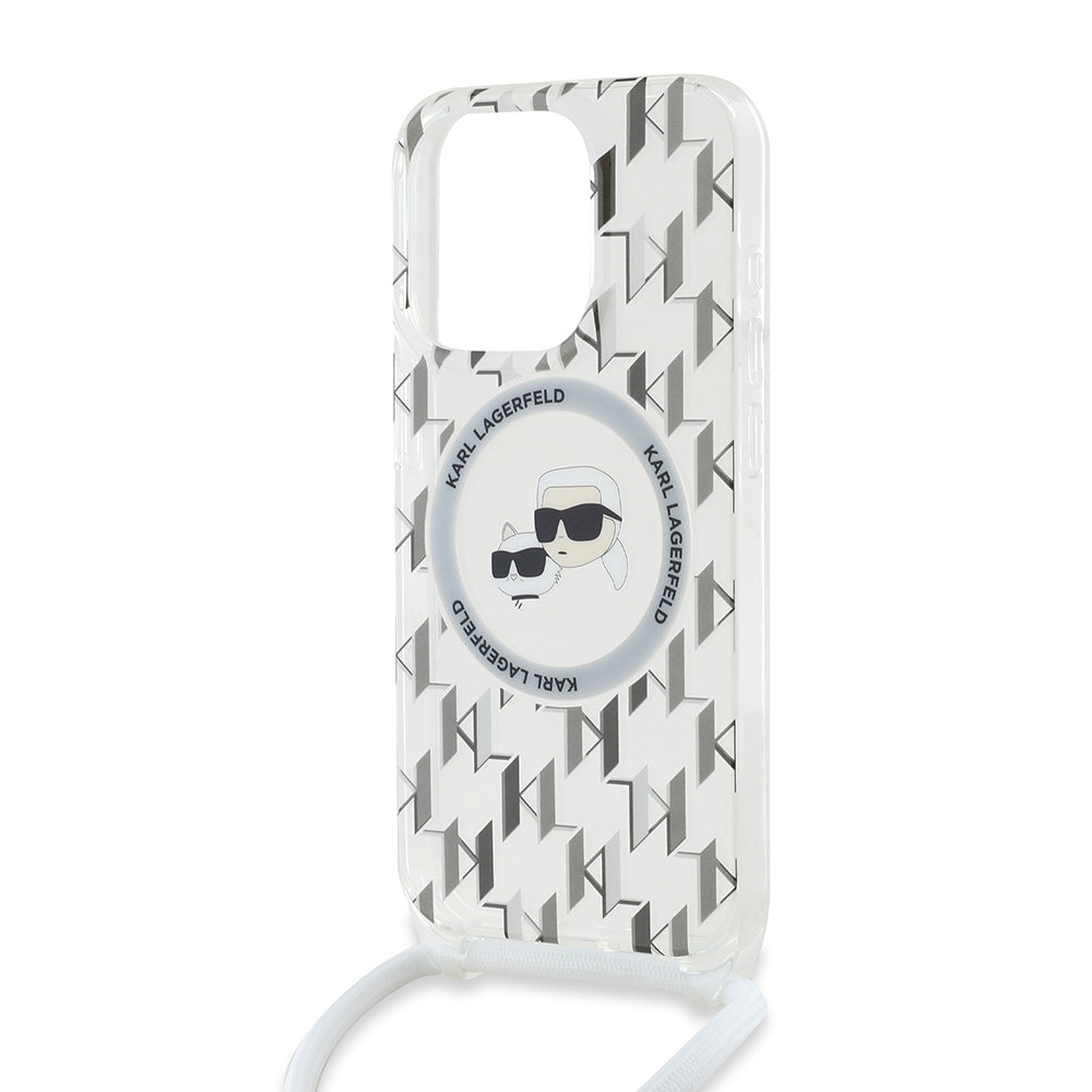 Custodia MagSafe per Apple iPhone 15 Pro, Karl Lagerfeld, IML Crossbody Monogram Karl & Choupette's Heads, Trasparente