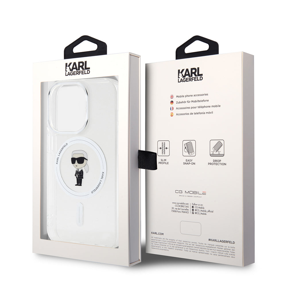 Custodia MagSafe per Apple iPhone 15 Pro, Karl Lagerfeld, IML Ikonik Karl, Trasparente