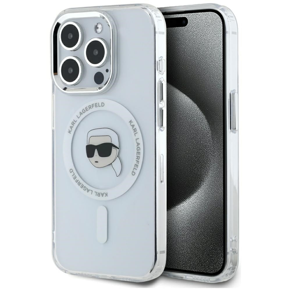 Custodia MagSafe per Apple iPhone 15 Pro, Karl Lagerfeld, IML Metal Karl's Head, Bianca
