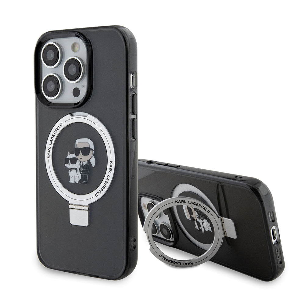 Custodia MagSafe per Apple iPhone 15 Pro, Karl Lagerfeld, Ring Stand Karl & Choupette, Nera