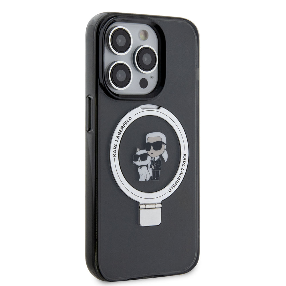 Custodia MagSafe per Apple iPhone 15 Pro, Karl Lagerfeld, Ring Stand Karl & Choupette, Nera