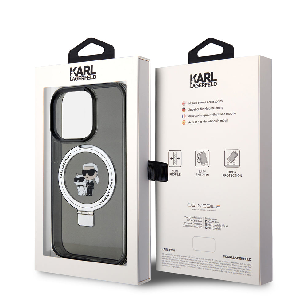 Custodia MagSafe per Apple iPhone 15 Pro, Karl Lagerfeld, Ring Stand Karl & Choupette, Nera