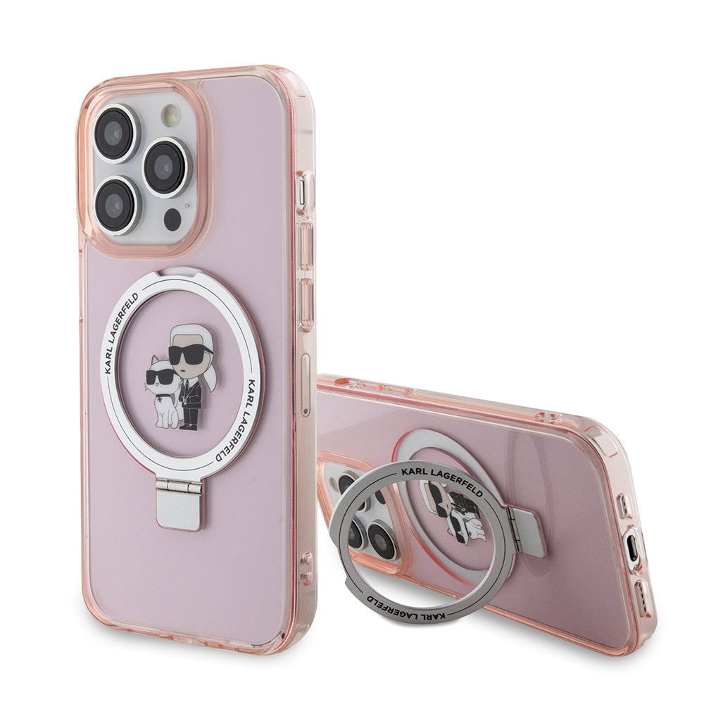 Custodia MagSafe per Apple iPhone 15 Pro, Karl Lagerfeld, Ring Stand Karl & Choupette, Rosa