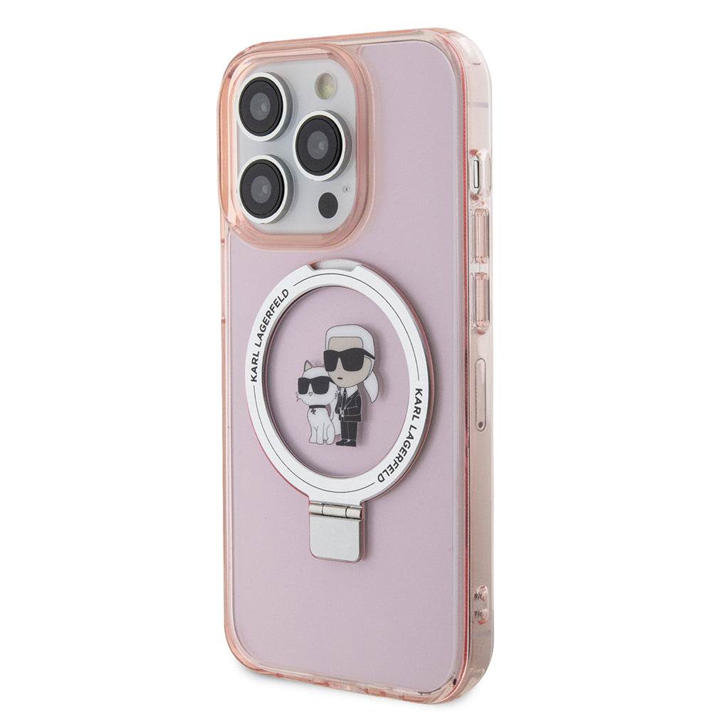 Custodia MagSafe per Apple iPhone 15 Pro, Karl Lagerfeld, Ring Stand Karl & Choupette, Rosa