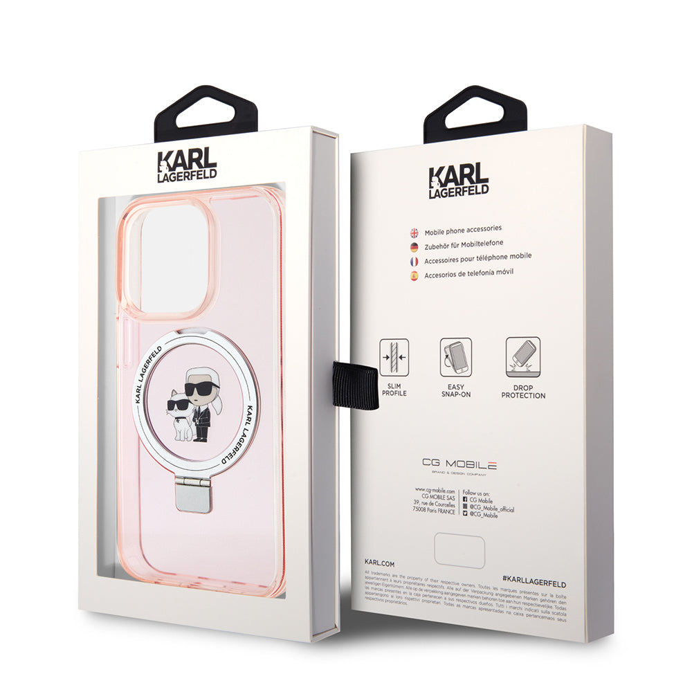 Custodia MagSafe per Apple iPhone 15 Pro, Karl Lagerfeld, Ring Stand Karl & Choupette, Rosa