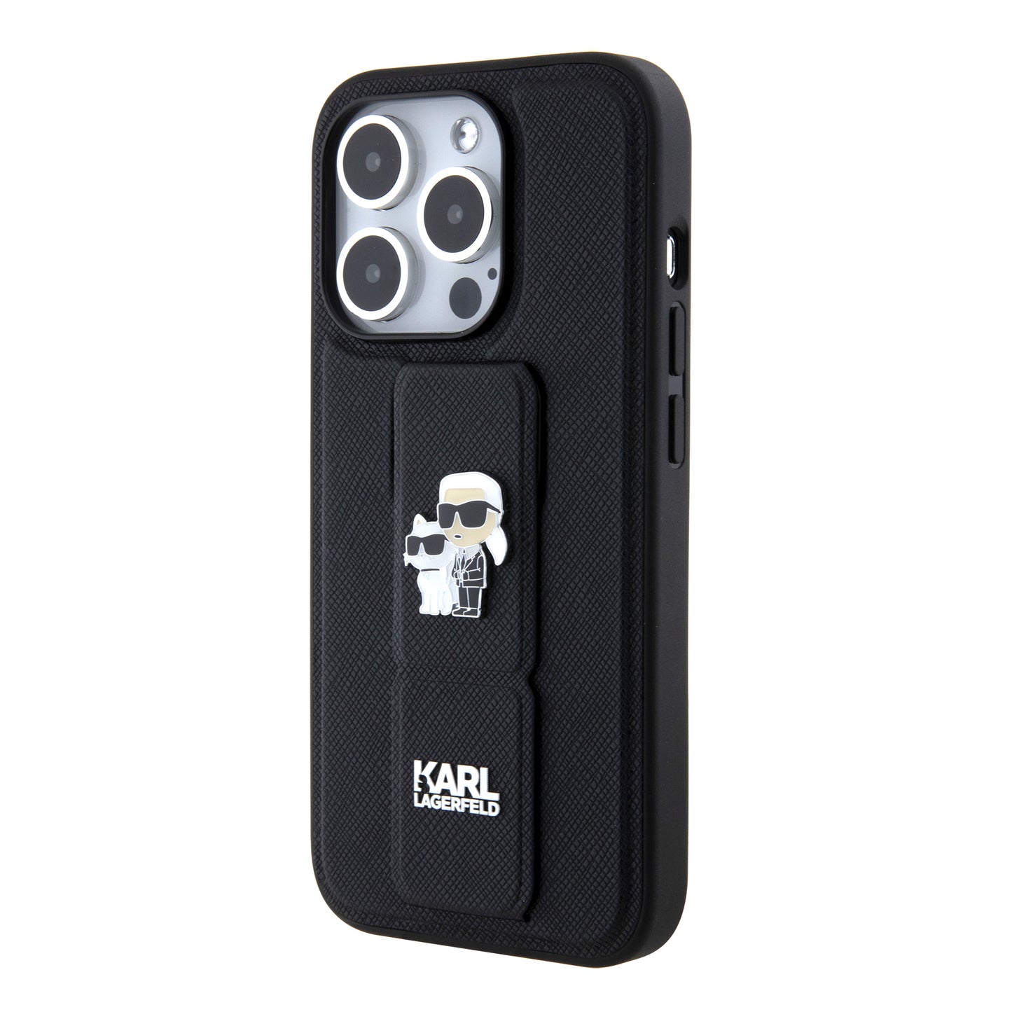 Custodia MagSafe per Apple iPhone 15 Pro, Karl Lagerfeld, Saffiano Gripstand Karl & Choupette, Nera