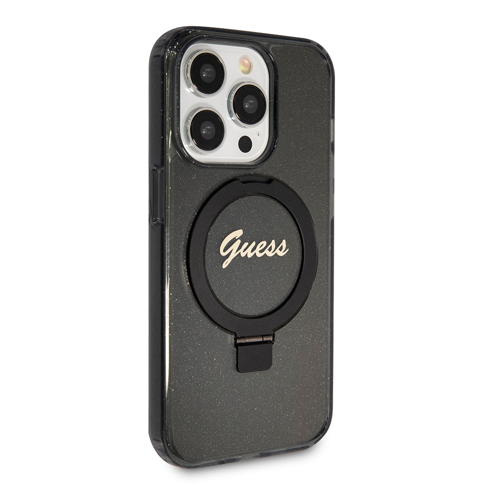 Custodia MagSafe per Apple iPhone 15 Pro Max, Guess, IML Ring Stand Glitter, Nera