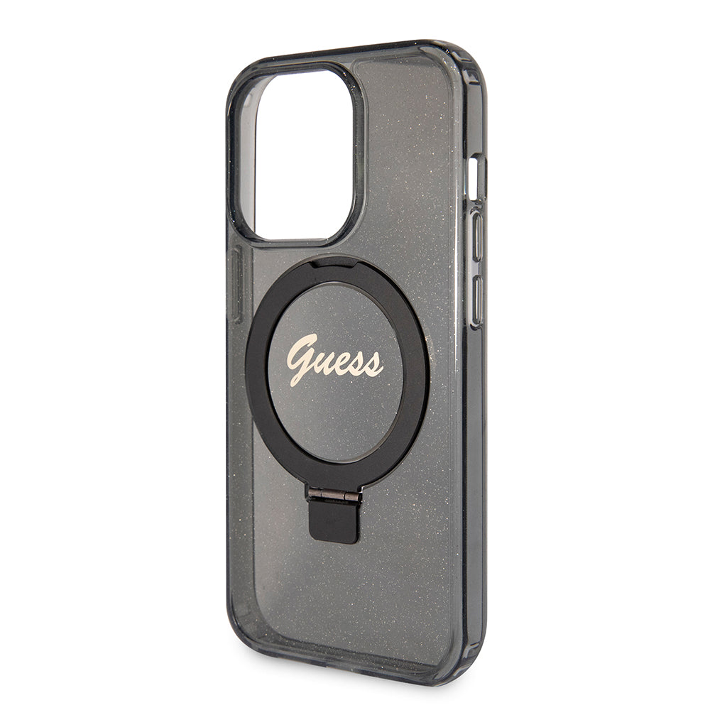 Custodia MagSafe per Apple iPhone 15 Pro Max, Guess, IML Ring Stand Glitter, Nera
