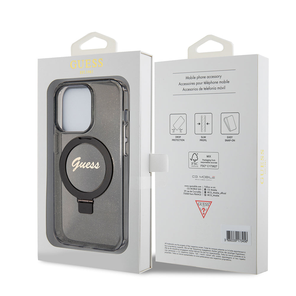 Custodia MagSafe per Apple iPhone 15 Pro Max, Guess, IML Ring Stand Glitter, Nera