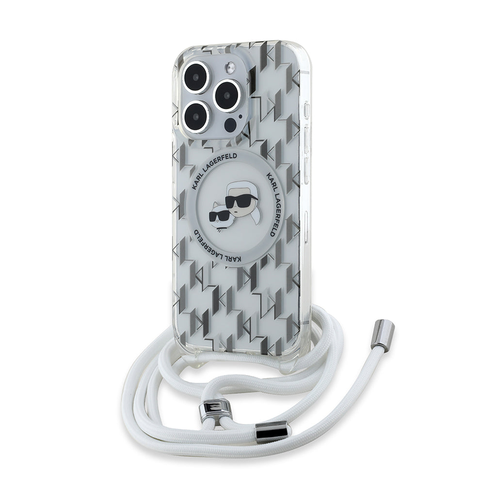 Custodia MagSafe per Apple iPhone 15 Pro Max, Karl Lagerfeld, IML Crossbody Monogram Karl & Choupette's Heads, Trasparente