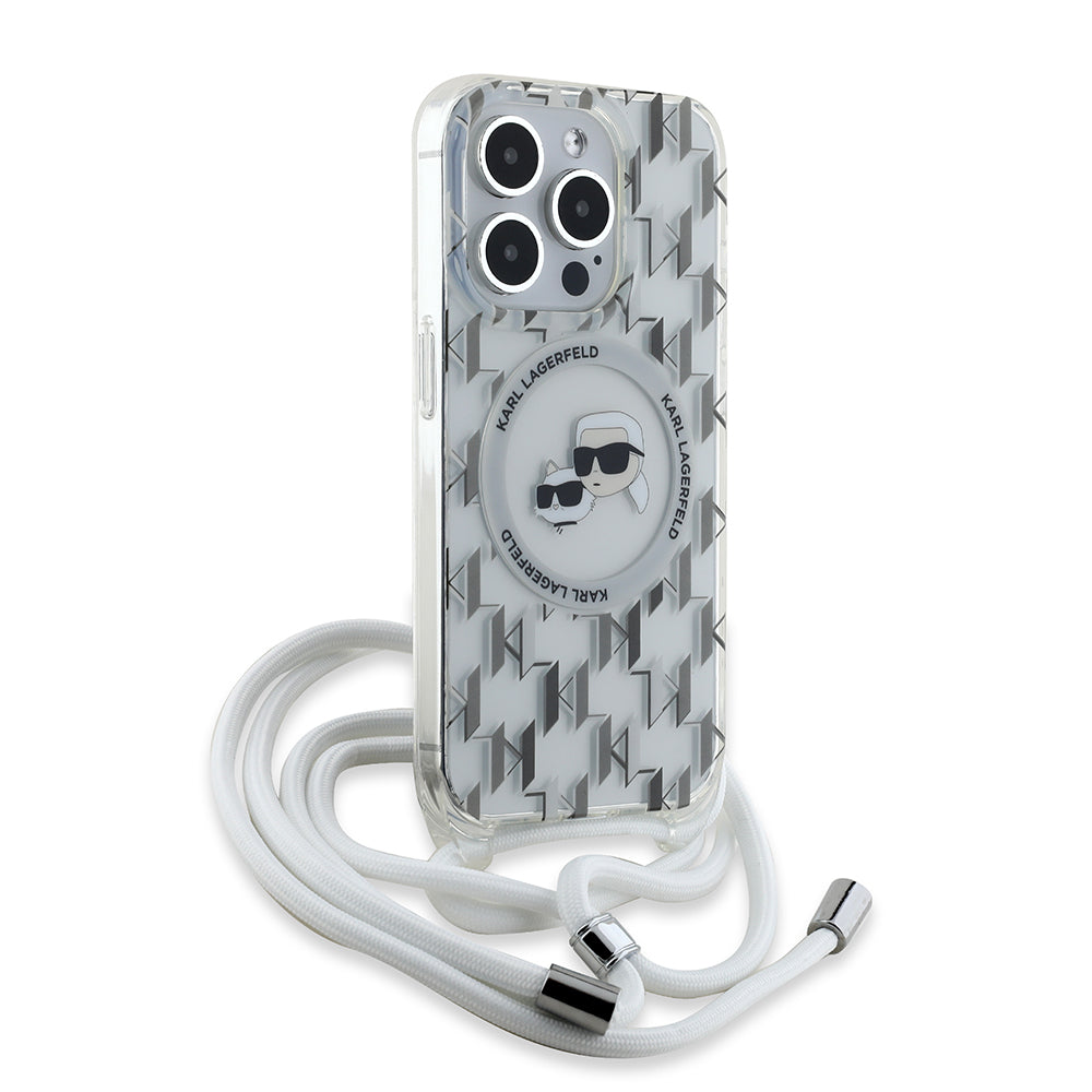Custodia MagSafe per Apple iPhone 15 Pro Max, Karl Lagerfeld, IML Crossbody Monogram Karl & Choupette's Heads, Trasparente