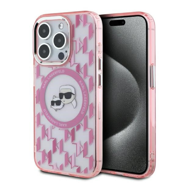 Custodia MagSafe per Apple iPhone 15 Pro Max, Karl Lagerfeld, IML Monogramma Karl & Choupette's Heads, Rosa