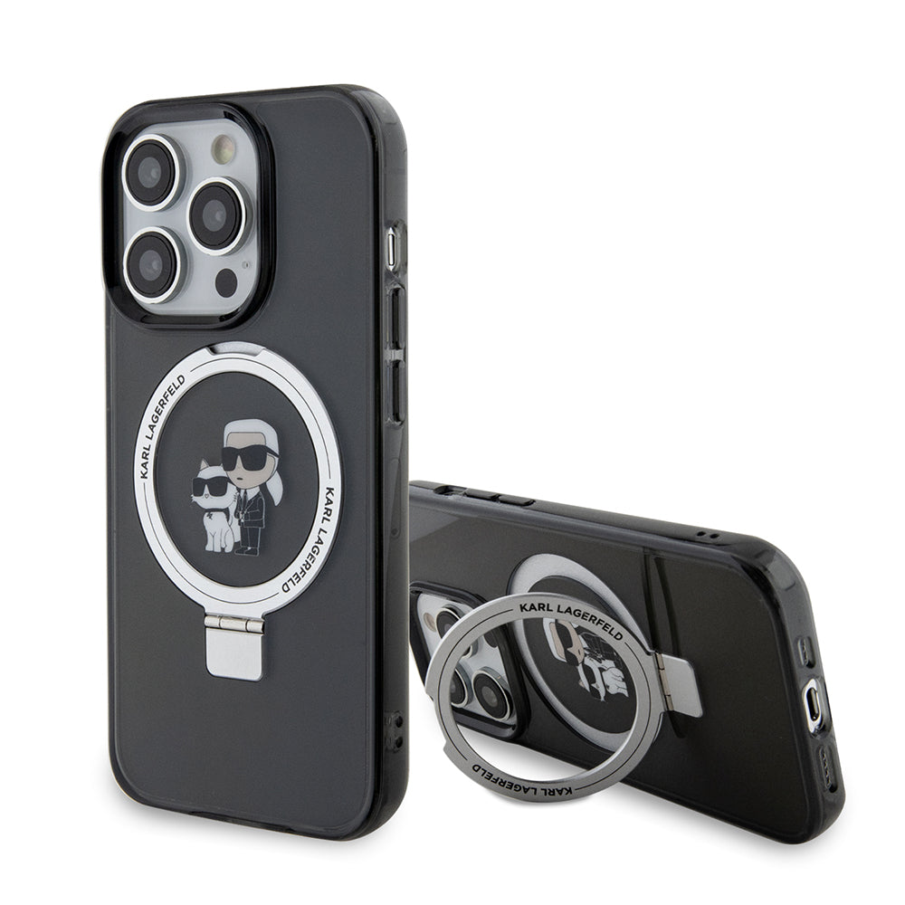 Custodia MagSafe per Apple iPhone 15 Pro Max, Karl Lagerfeld, Ring Stand Karl & Choupette, Nera