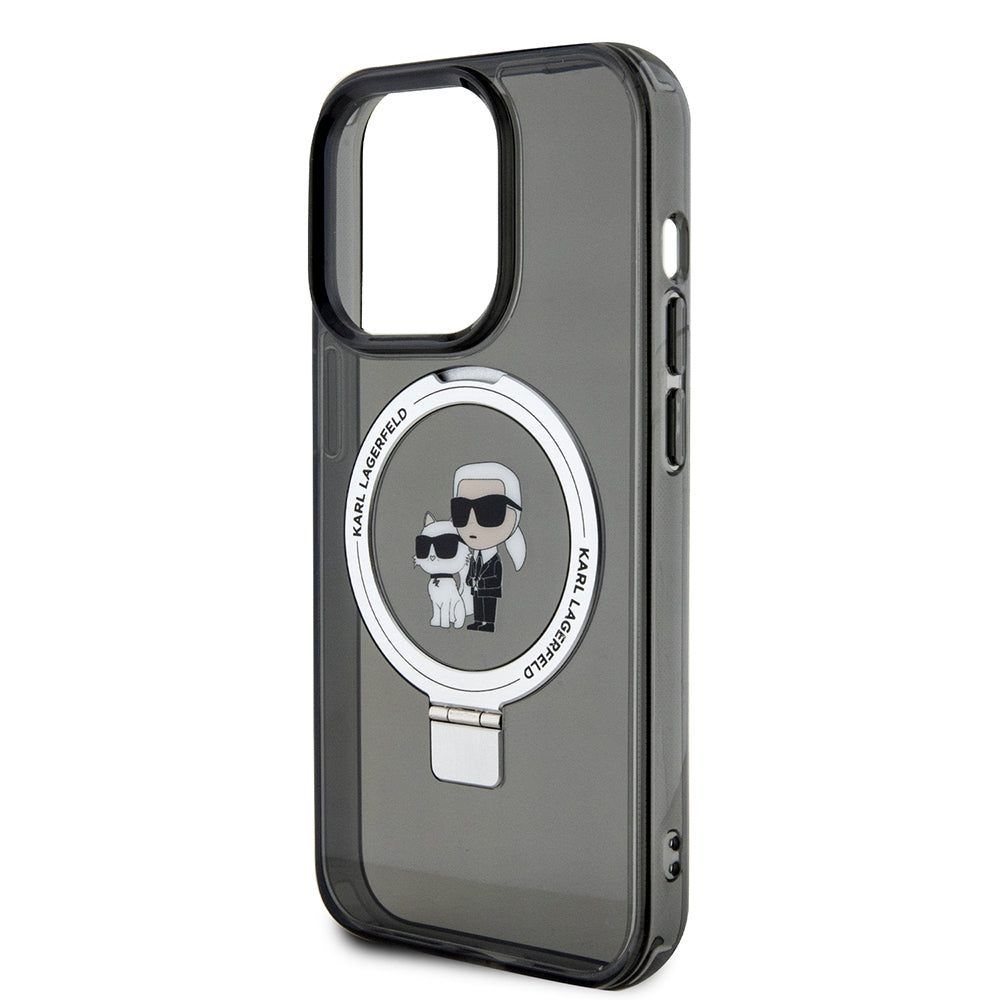 Custodia MagSafe per Apple iPhone 15 Pro Max, Karl Lagerfeld, Ring Stand Karl & Choupette, Nera