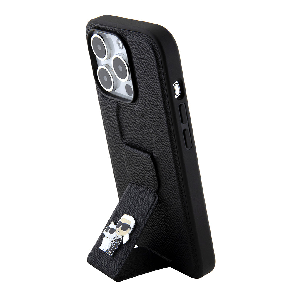 Custodia MagSafe per Apple iPhone 15 Pro Max, Karl Lagerfeld, Saffiano Gripstand Karl & Choupette, Nera