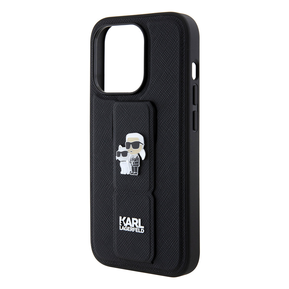 Custodia MagSafe per Apple iPhone 15 Pro Max, Karl Lagerfeld, Saffiano Gripstand Karl & Choupette, Nera