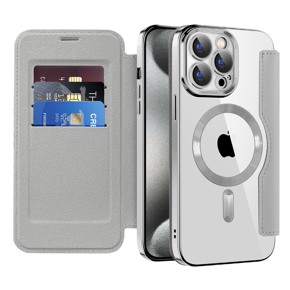 Custodia MagSafe per Apple iPhone 15 Pro, Techsuit, SmartMag Book, Grigio