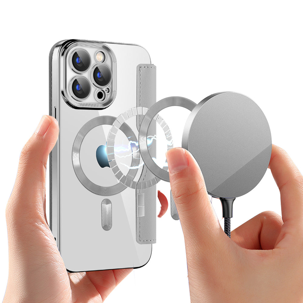 Custodia MagSafe per Apple iPhone 15 Pro, Techsuit, SmartMag Book, Grigio